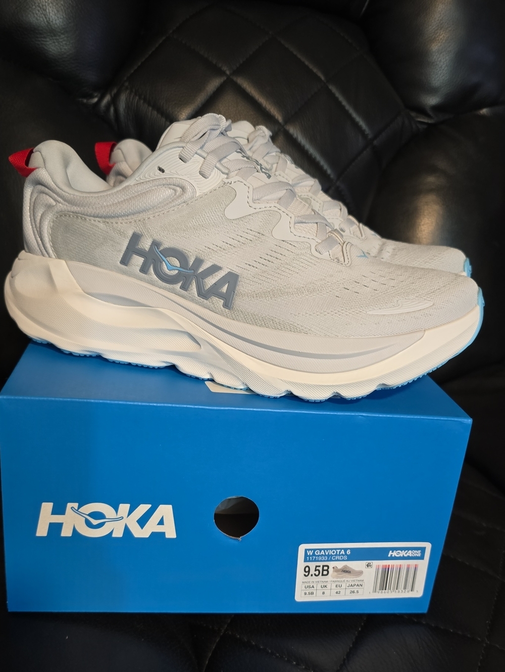 Hoka Women's Gaviota 6 in Light Gray with Blue Logo and Red Heel Tab